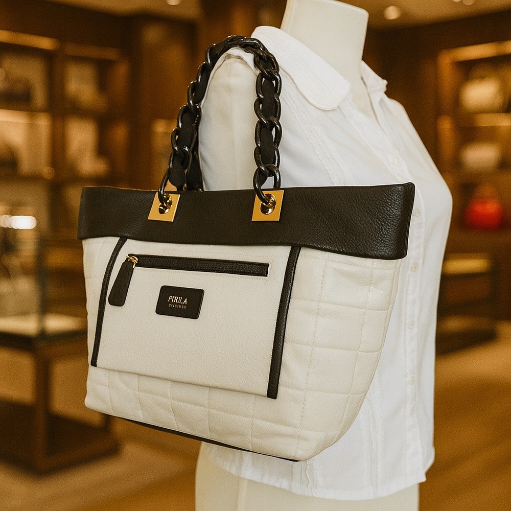 NEW FURLA Tribe Black/White Quilted Leather Small Tote Bag - Made In Italy
